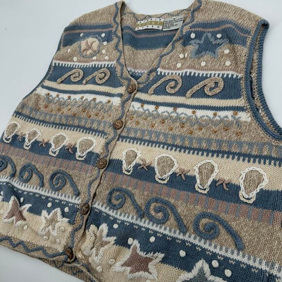 Vintage 90s y2k Women's Beach Shells Starfish Surfwear Knitted Cardigan Vest~ M - Picture 2 of 6